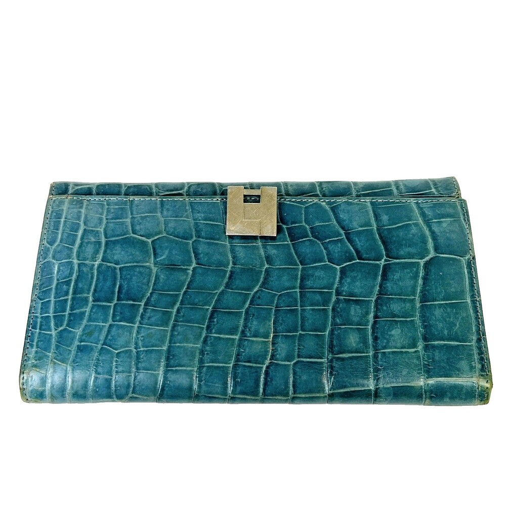 Lambertson Truex Crocodile Leather Exotic Turquoise Blue Foldover Wallet Design